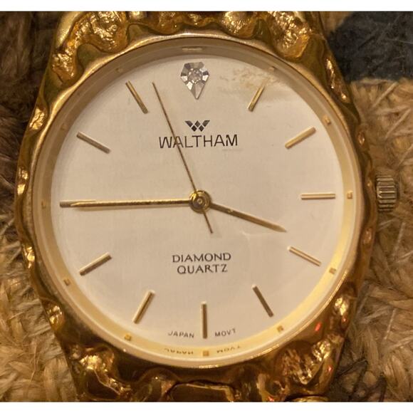Waltham Gold Diamond Quartz Plated Nugget Wrist Watch 32mm - Picture 2 of 9